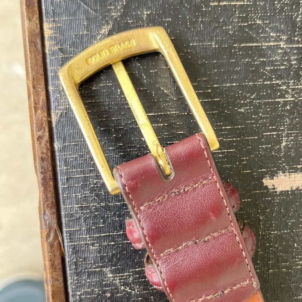 VTG Lands End Leather Belt 34 Oxblood Burgundy Brass Buckle Made USA Preppy
